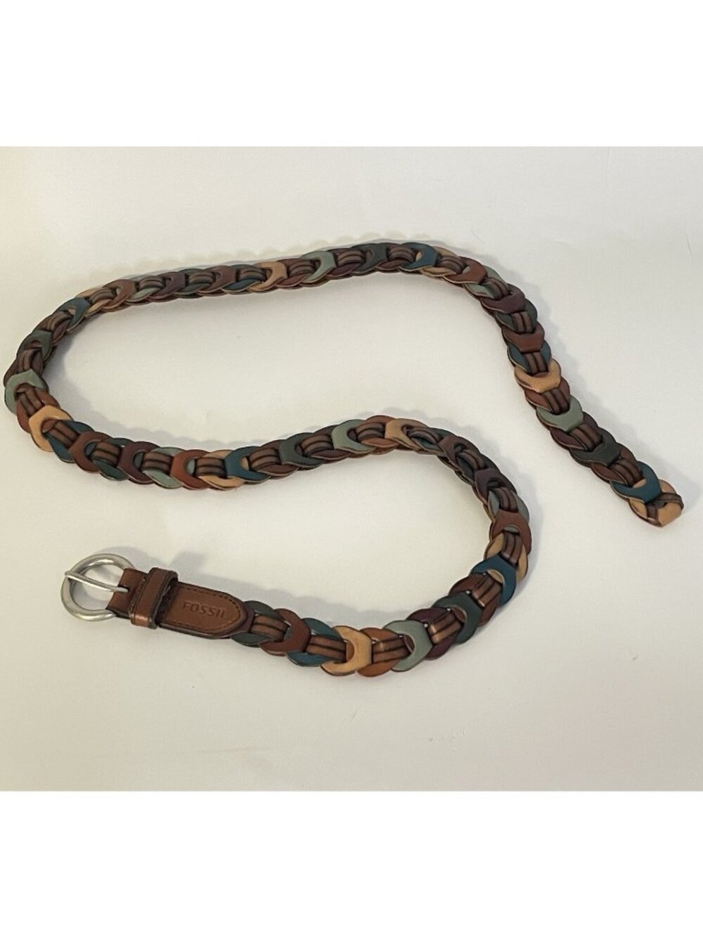 Fossil Woven Leather Belt Brown Braided Size L Casual Roller Buckle Adjustable